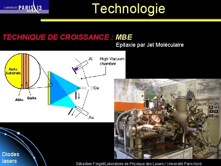 Technologie TECHNIQUE DE CROISSANCE : MBE Epitaxie par Jet Moléculaire Diodes lasers Sébastien Forget/Laboratoire
