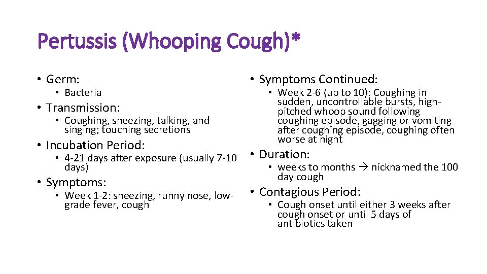 Pertussis (Whooping Cough)* • Germ: • Bacteria • Transmission: • Coughing, sneezing, talking, and
