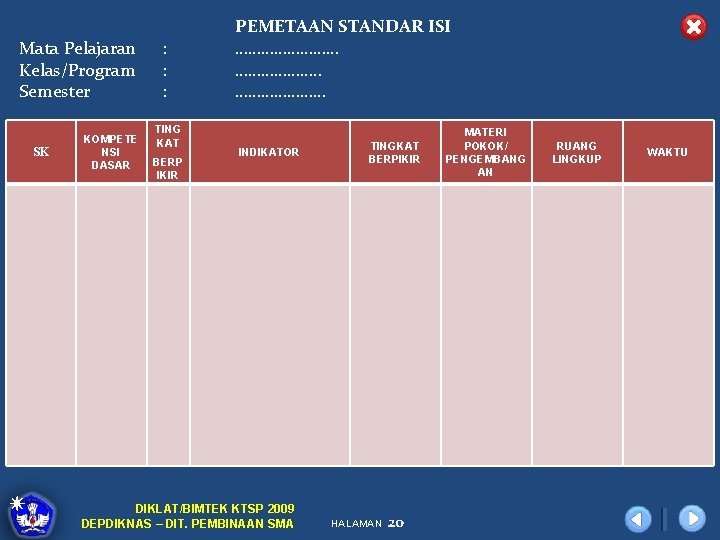 Mata Pelajaran Kelas/Program Semester SK KOMPETE NSI DASAR : : : TING KAT BERP