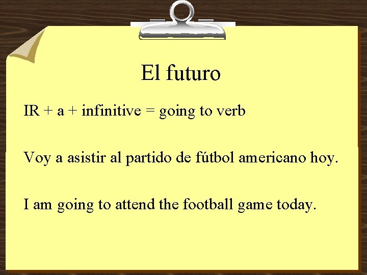 El futuro IR + a + infinitive = going to verb Voy a asistir