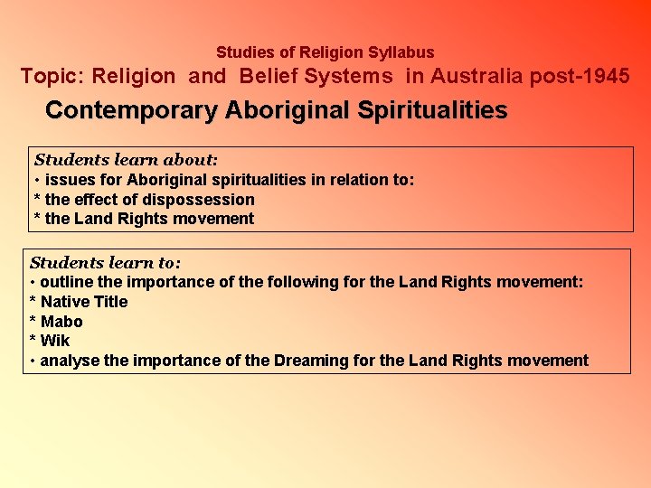 Studies of Religion Syllabus Topic: Religion and Belief Systems in Australia post-1945 Contemporary Aboriginal