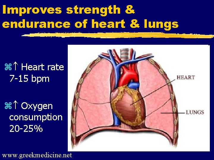 Improves strength & endurance of heart & lungs z Heart rate 7 -15 bpm