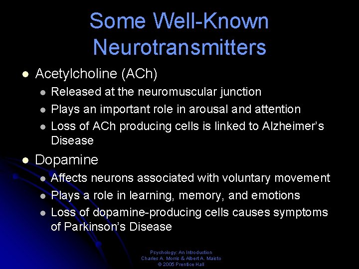 Some Well-Known Neurotransmitters l Acetylcholine (ACh) l l Released at the neuromuscular junction Plays