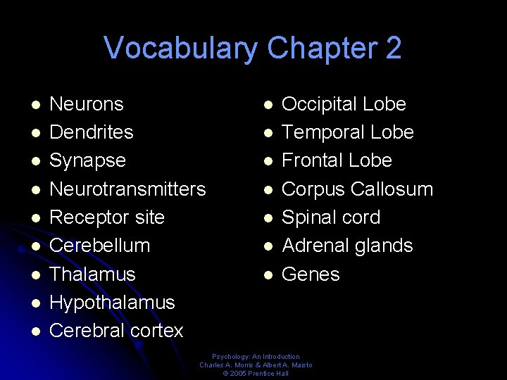 Vocabulary Chapter 2 l l l l l Neurons Dendrites Synapse Neurotransmitters Receptor site