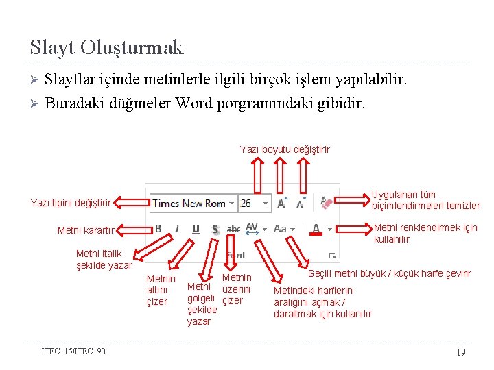 Slayt Oluşturmak Slaytlar içinde metinlerle ilgili birçok işlem yapılabilir. Ø Buradaki düğmeler Word porgramındaki