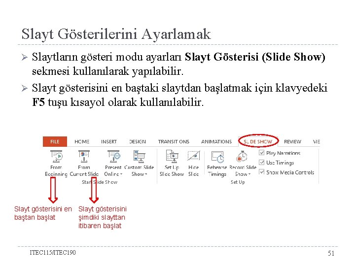 Slayt Gösterilerini Ayarlamak Slaytların gösteri modu ayarları Slayt Gösterisi (Slide Show) sekmesi kullanılarak yapılabilir.