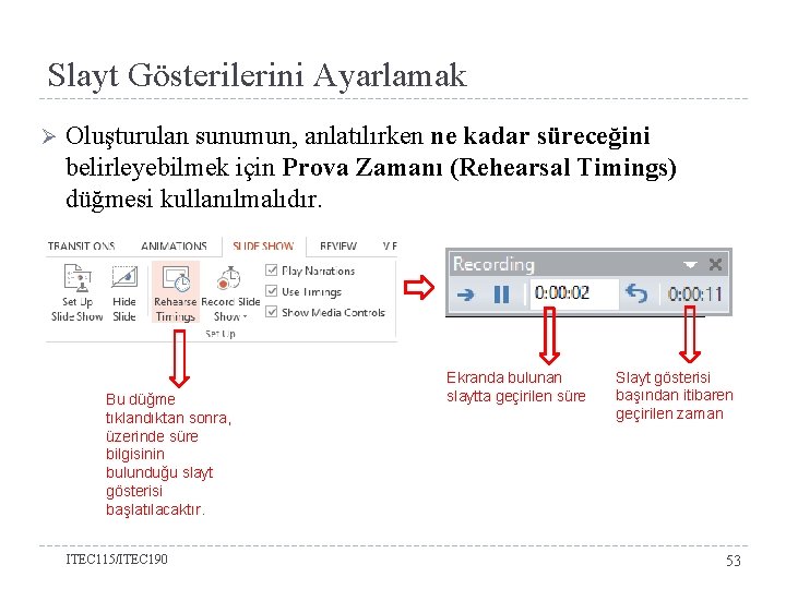 Slayt Gösterilerini Ayarlamak Ø Oluşturulan sunumun, anlatılırken ne kadar süreceğini belirleyebilmek için Prova Zamanı