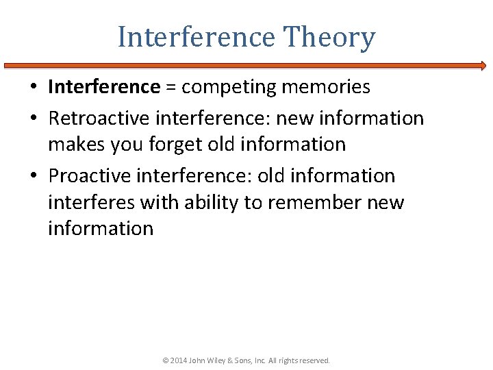 Interference Theory • Interference = competing memories • Retroactive interference: new information makes you