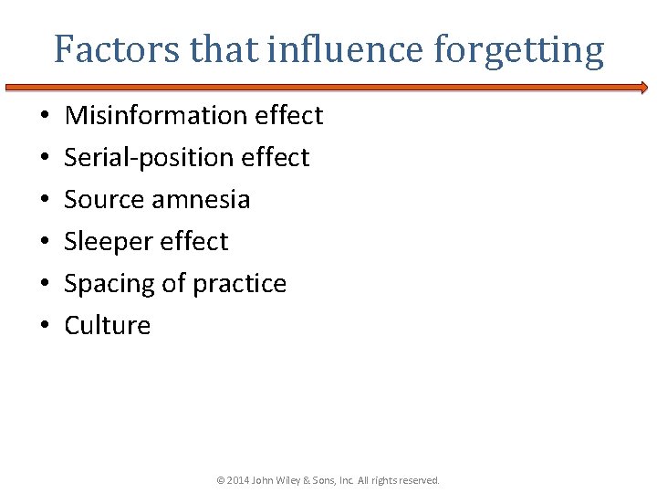 Factors that influence forgetting • • • Misinformation effect Serial-position effect Source amnesia Sleeper