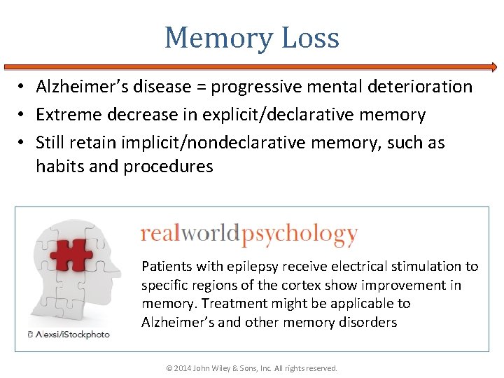 Memory Loss • Alzheimer’s disease = progressive mental deterioration • Extreme decrease in explicit/declarative