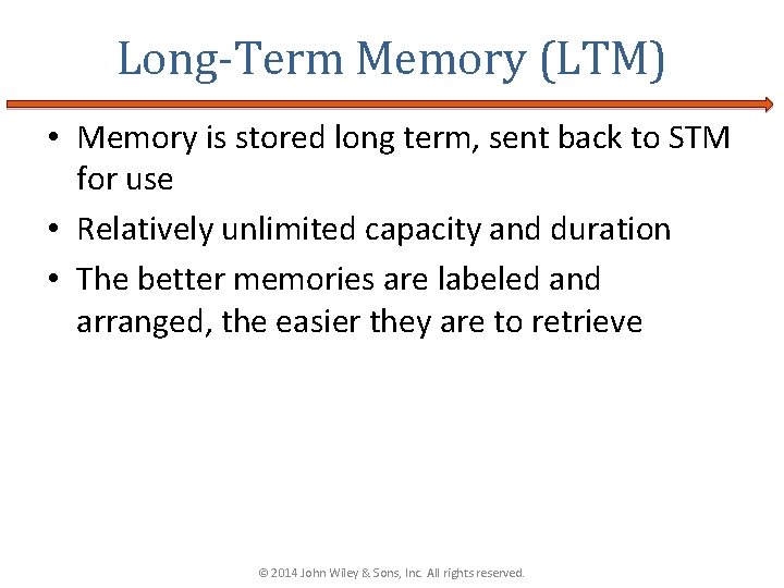Long-Term Memory (LTM) • Memory is stored long term, sent back to STM for