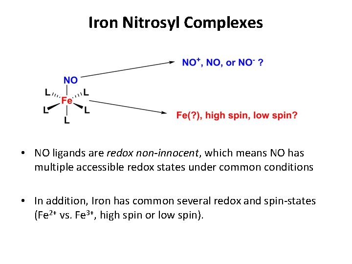 Iron Nitrosyl Complexes • NO ligands are redox non-innocent, which means NO has multiple