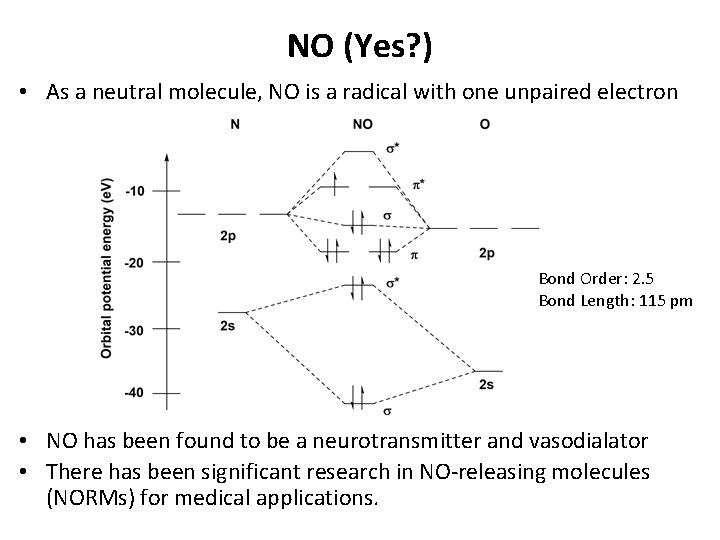 NO (Yes? ) • As a neutral molecule, NO is a radical with one
