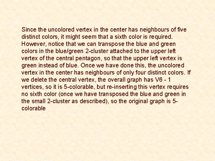 Since the uncolored vertex in the center has neighbours of five distinct colors, it Since the uncolored vertex in the center has neighbours of five distinct colors, it