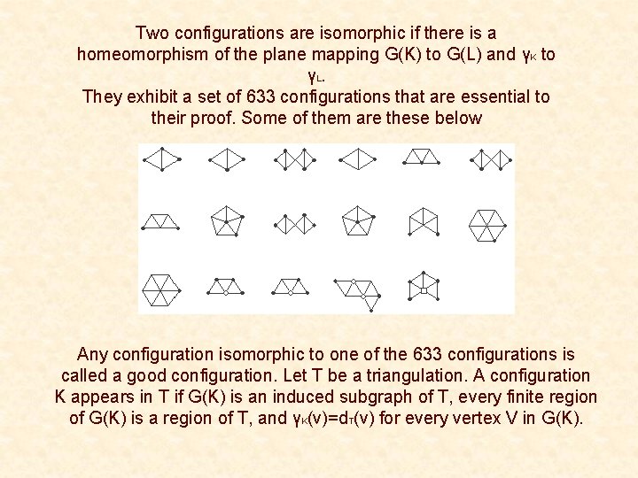 Two configurations are isomorphic if there is a homeomorphism of the plane mapping G(K) Two configurations are isomorphic if there is a homeomorphism of the plane mapping G(K)