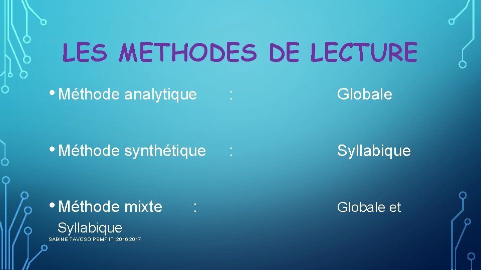 LES METHODES DE LECTURE • Méthode analytique : Globale • Méthode synthétique : Syllabique