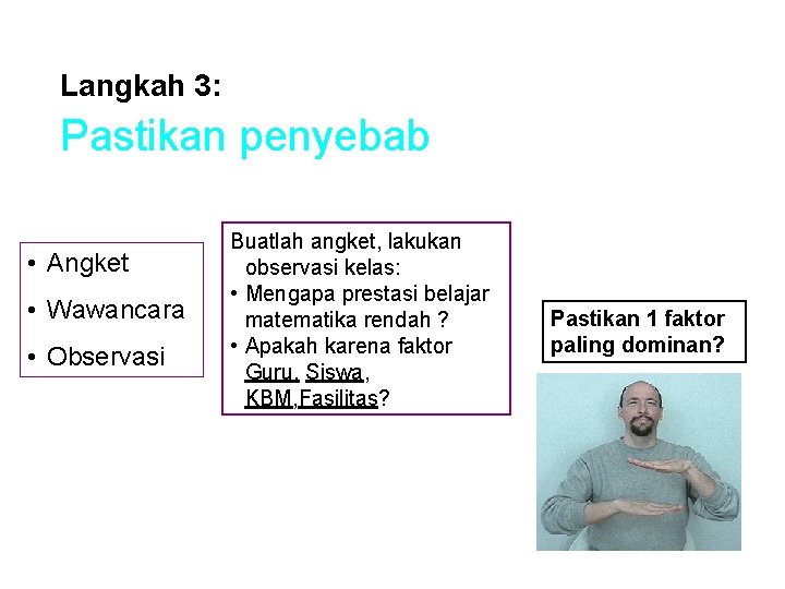 Langkah 3: Pastikan penyebab • Angket • Wawancara • Observasi Buatlah angket, lakukan observasi