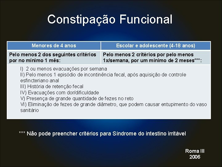 Constipação Funcional Menores de 4 anos Pelo menos 2 dos seguintes critérios por no