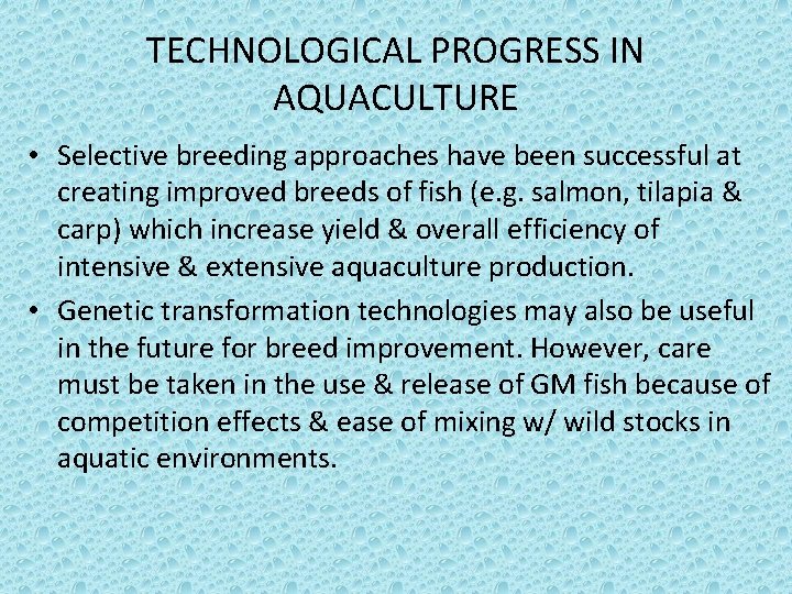 TECHNOLOGICAL PROGRESS IN AQUACULTURE • Selective breeding approaches have been successful at creating improved