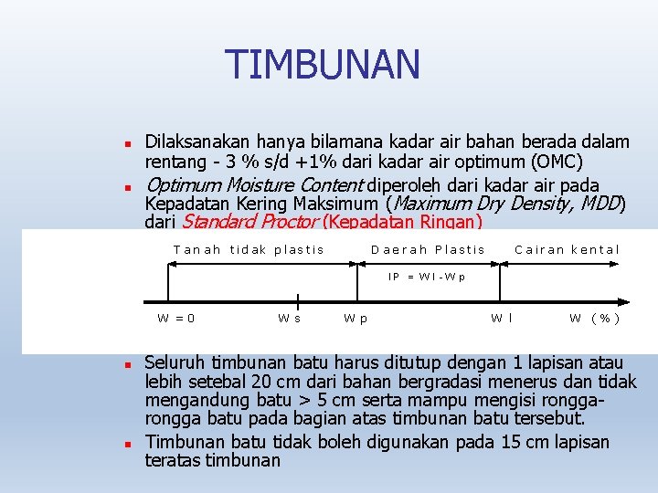 TIMBUNAN Dilaksanakan hanya bilamana kadar air bahan berada dalam rentang - 3 % s/d