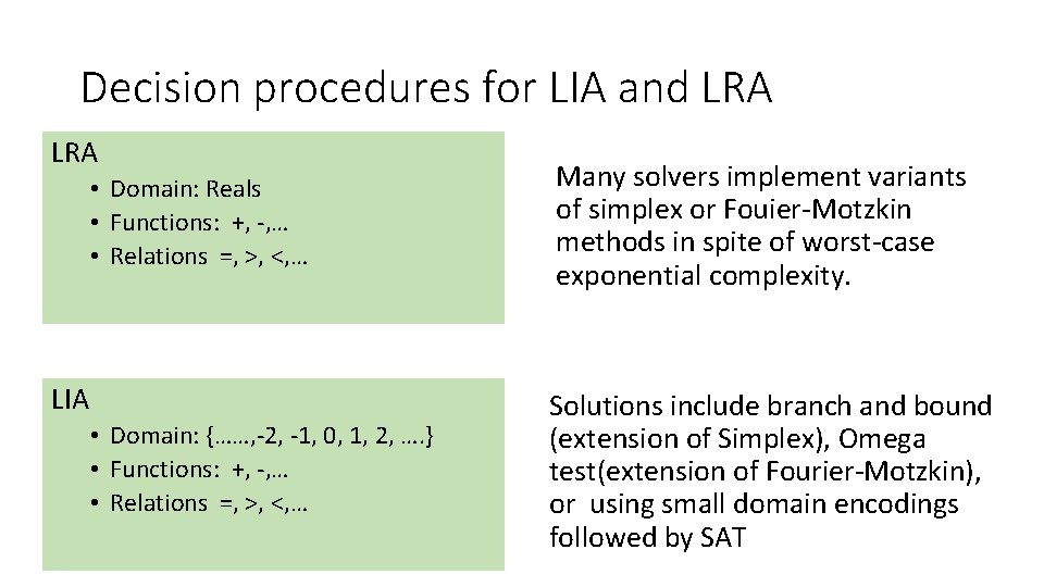 Decision procedures for LIA and LRA • Domain: Reals • Functions: +, -, …