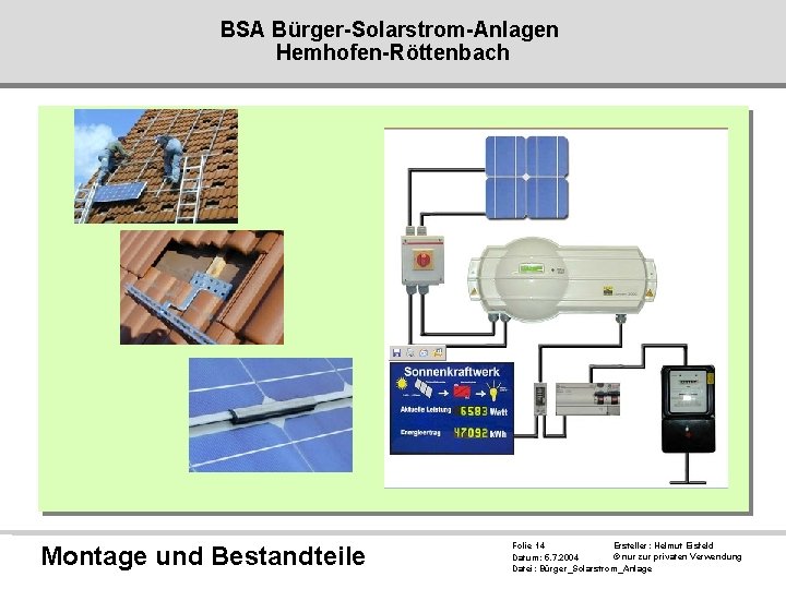 BSA Bürger-Solarstrom-Anlagen Hemhofen-Röttenbach Montage und Bestandteile Ersteller: Helmut Eisfeld Folie 14 © nur zur