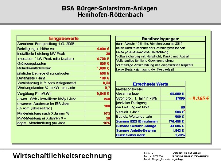 BSA Bürger-Solarstrom-Anlagen Hemhofen-Röttenbach = 9. 265 € Wirtschaftlichkeitsrechnung Ersteller: Helmut Eisfeld Folie 18 ©