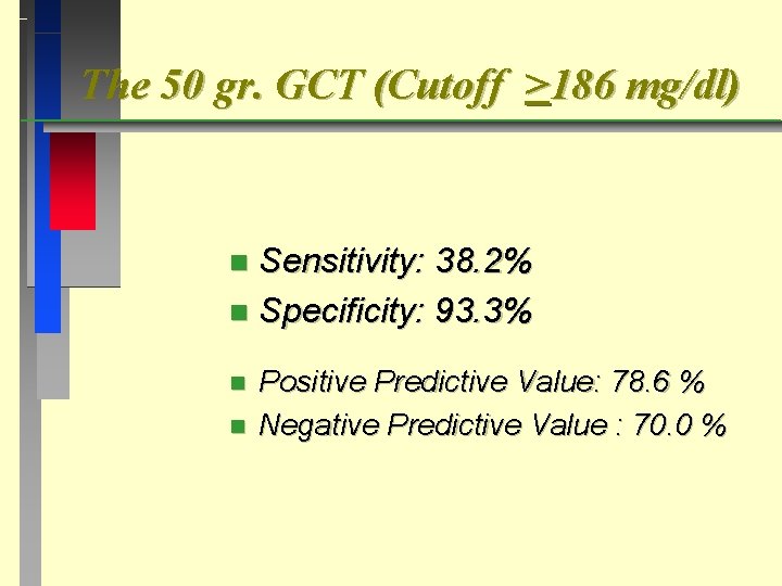 The 50 gr. GCT (Cutoff >186 mg/dl) Sensitivity: 38. 2% n Specificity: 93. 3%