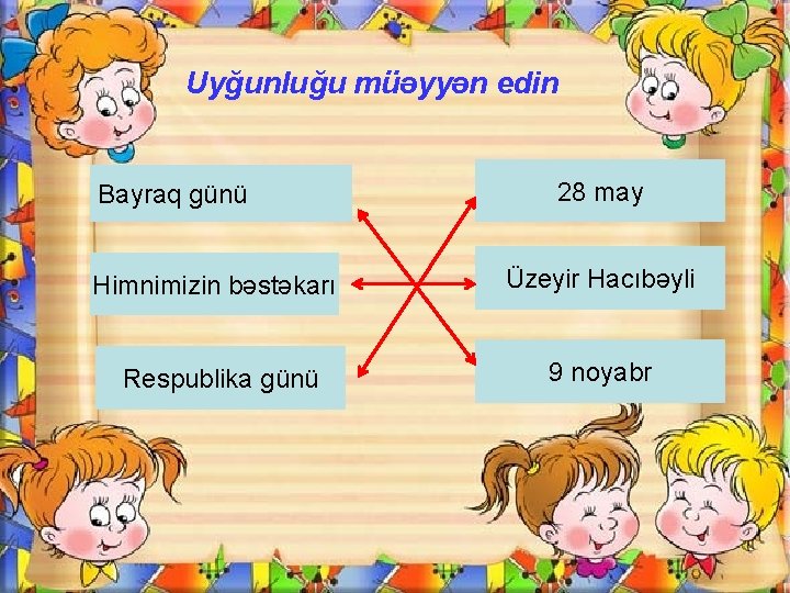 Uyğunluğu müəyyən edin Bayraq günü 28 may Himnimizin bəstəkarı Üzeyir Hacıbəyli Respublika günü 9