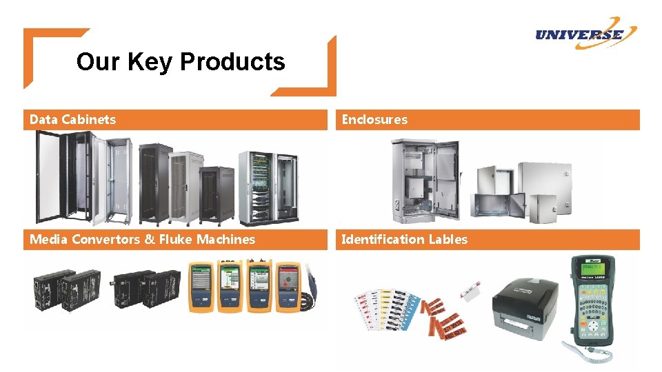 Our Key Products Data Cabinets Enclosures Media Convertors & Fluke Machines Identification Lables 