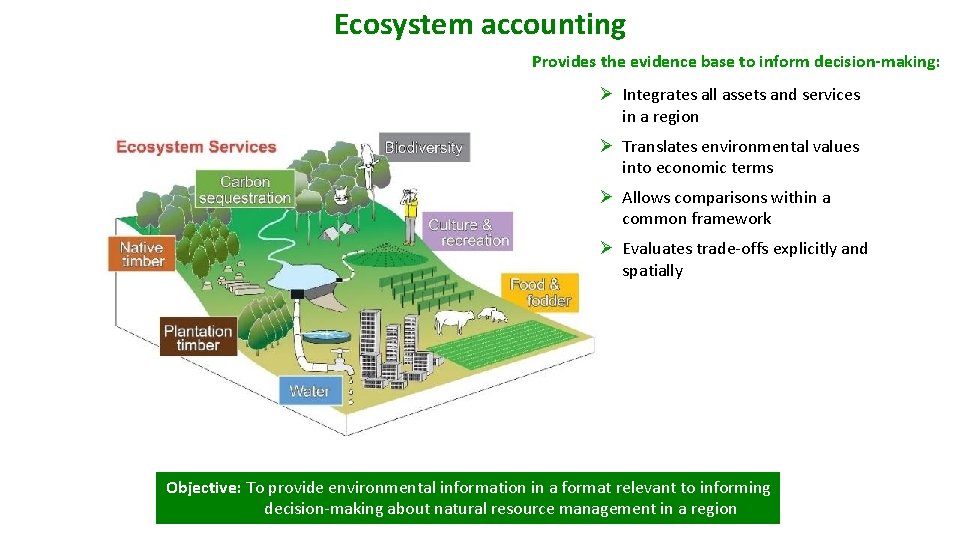 Ecosystem accounting Provides the evidence base to inform decision-making: Ø Integrates all assets and