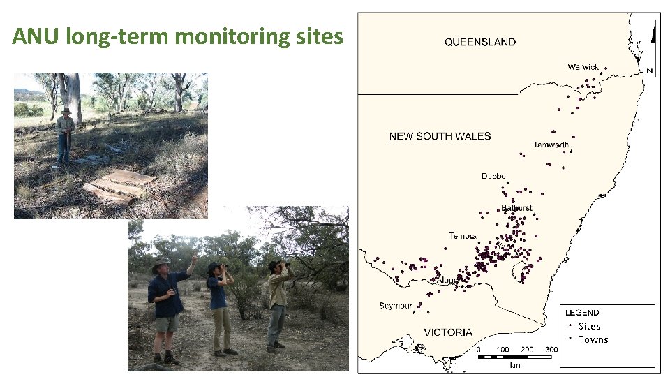 ANU long-term monitoring sites Sites Towns 