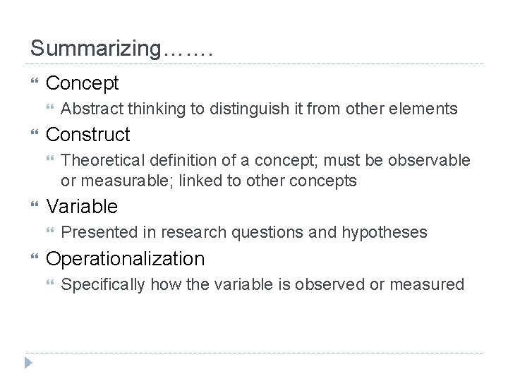 Summarizing……. Concept Construct Theoretical definition of a concept; must be observable or measurable; linked