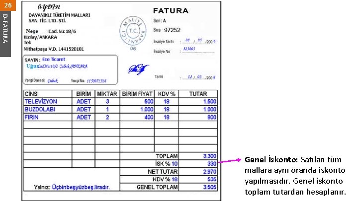 26 D-FATURA Genel İskonto: Satılan tüm mallara aynı oranda iskonto yapılmasıdır. Genel iskonto toplam