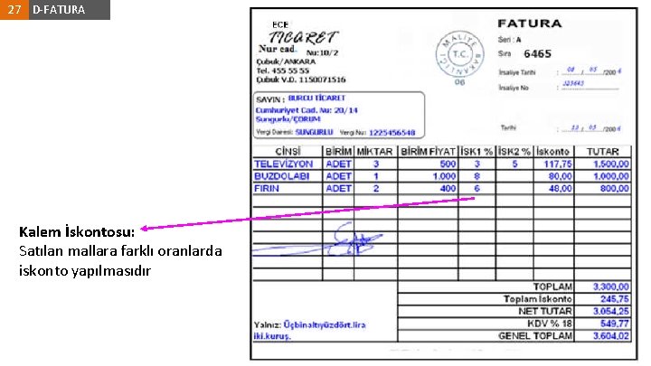 27 D-FATURA Kalem İskontosu: Satılan mallara farklı oranlarda iskonto yapılmasıdır 