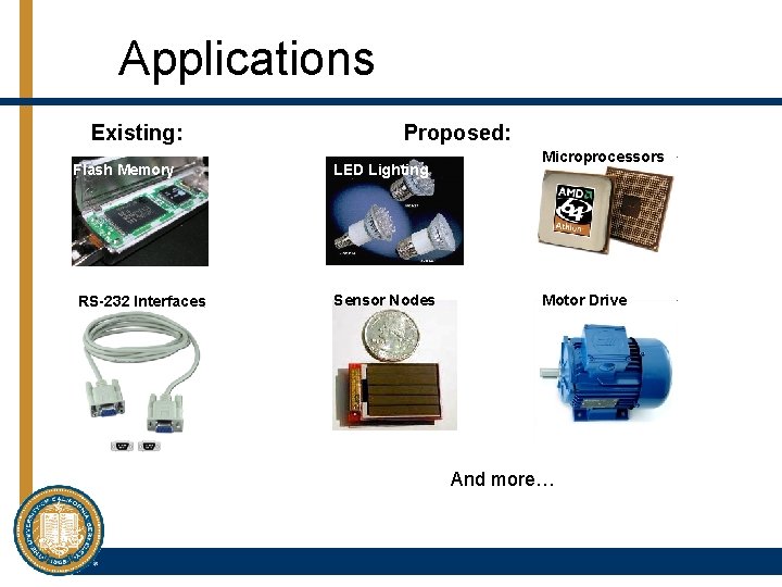 Applications Existing: Flash Memory RS-232 Interfaces Proposed: LED Lighting Sensor Nodes Microprocessors Motor Drive