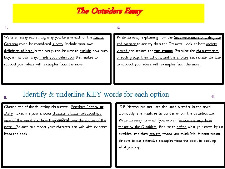 The Outsiders Essay 1. 2. Write an essay explaining why you believe each of