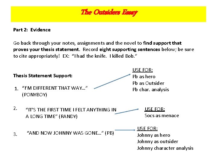 The Outsiders Essay Part 2: Evidence Go back through your notes, assignments and the