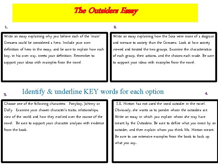 The Outsiders Essay 1. 2. Write an essay explaining why you believe each of