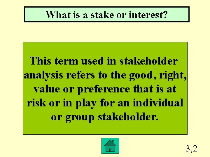 What is a stake or interest? This term used in stakeholder analysis refers to