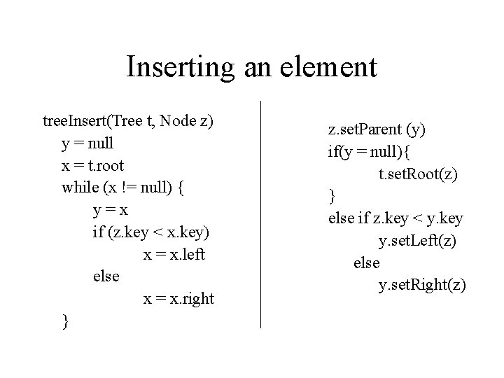 Inserting an element tree. Insert(Tree t, Node z) y = null x = t.