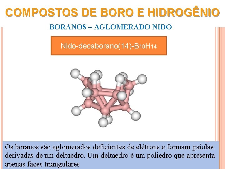 COMPOSTOS DE BORO E HIDROGÊNIO BORANOS – AGLOMERADO NIDO Nido-decaborano(14)-B 10 H 14 Os