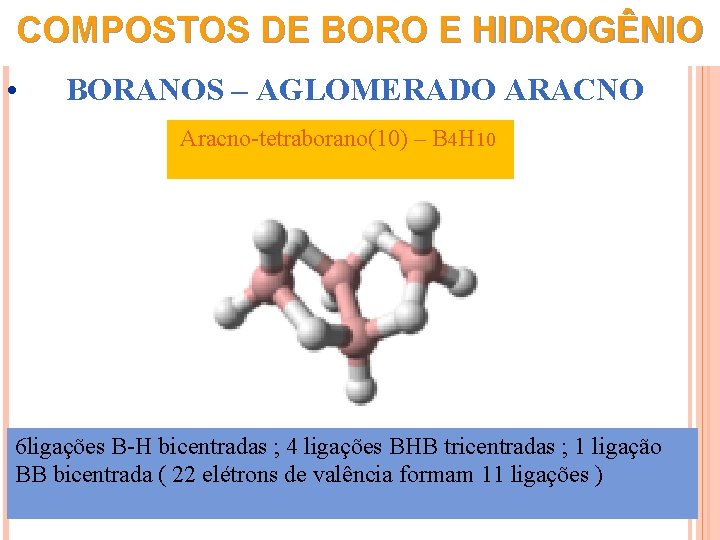 COMPOSTOS DE BORO E HIDROGÊNIO • BORANOS – AGLOMERADO ARACNO Aracno-tetraborano(10) – B 4