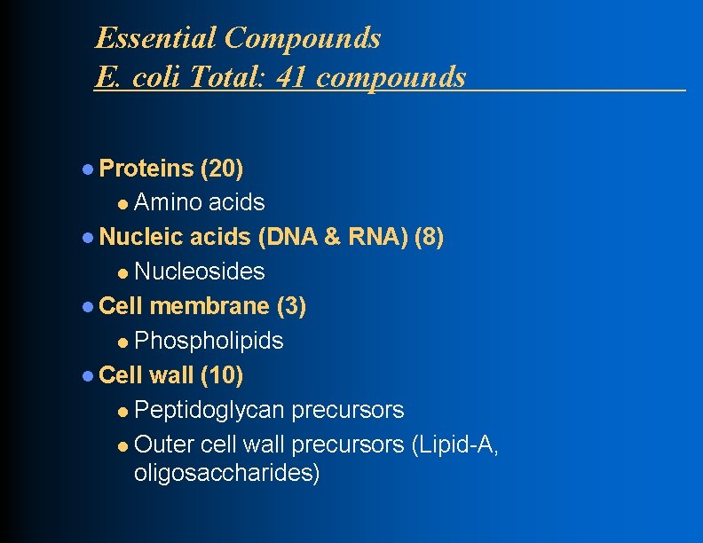 Essential Compounds E. coli Total: 41 compounds l Proteins (20) l Amino acids l