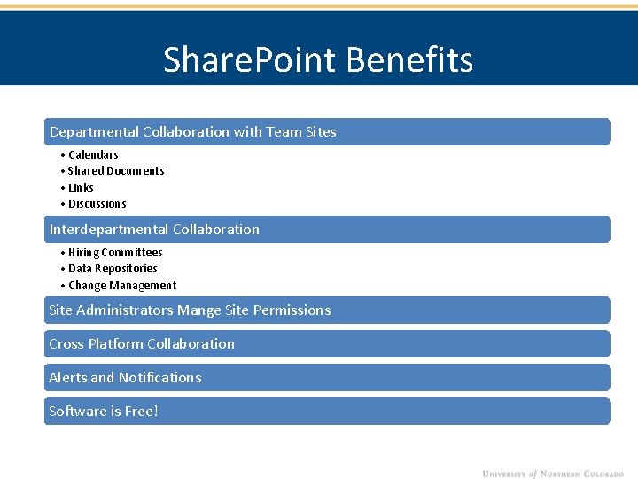 Share. Point Benefits Departmental Collaboration with Team Sites • Calendars • Shared Documents •