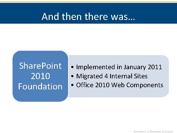 And then there was… Share. Point 2010 Foundation • Implemented in January 2011 •