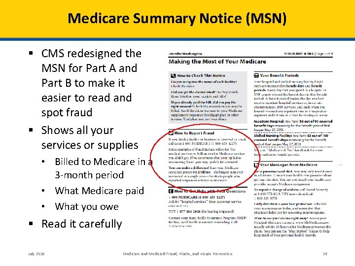 Medicare Summary Notice (MSN) § CMS redesigned the MSN for Part A and Part