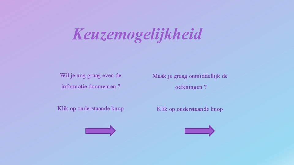 Keuzemogelijkheid Wil je nog graag even de Maak je graag onmiddellijk de informatie doornemen