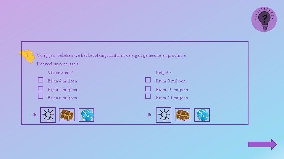 2. Vorig jaar bekeken we het bevolkingsaantal in de eigen gemeente en provincie. Hoeveel