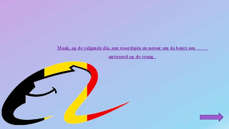 Maak, op de volgende dia, een woordspin en noteer om de beurt een antwoord